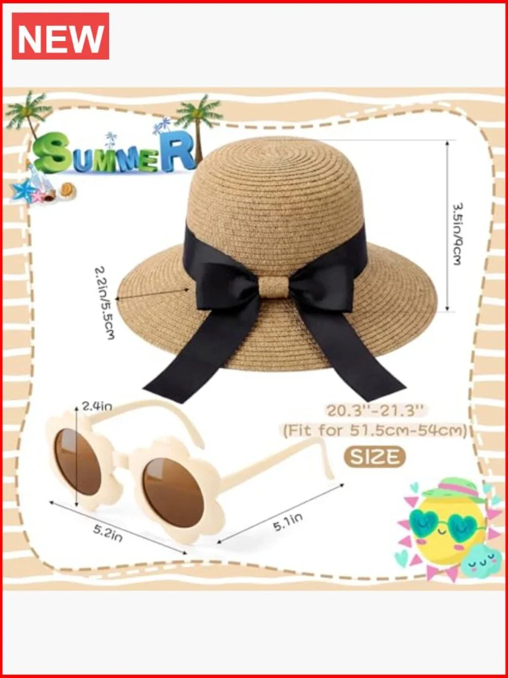 Straw Sun Hat with Flower Sunglasses for Girls, Summer Beach Floppy Cap